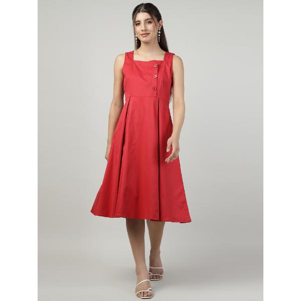 BUTTONED RED PINAFORE DRESS
